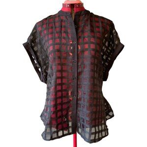 SHEIN Privé - Black Sheer Dolman Sleeve Belted Shirt Stand Collar Blouse - Large